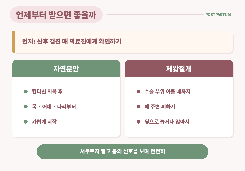 산후 마사지 시작 시기 의료진 확인 자연분만 제왕절개 상처 회복 산후 검진