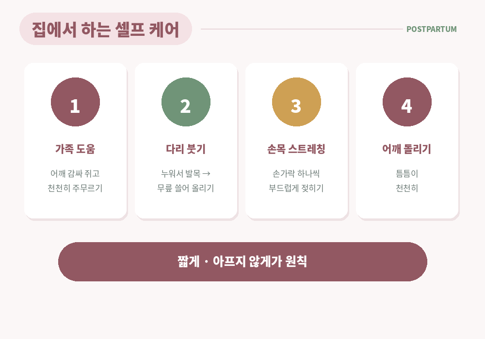 산후 셀프 케어 가족 도움 어깨 주무르기 다리 쓸어 올리기 손목 스트레칭